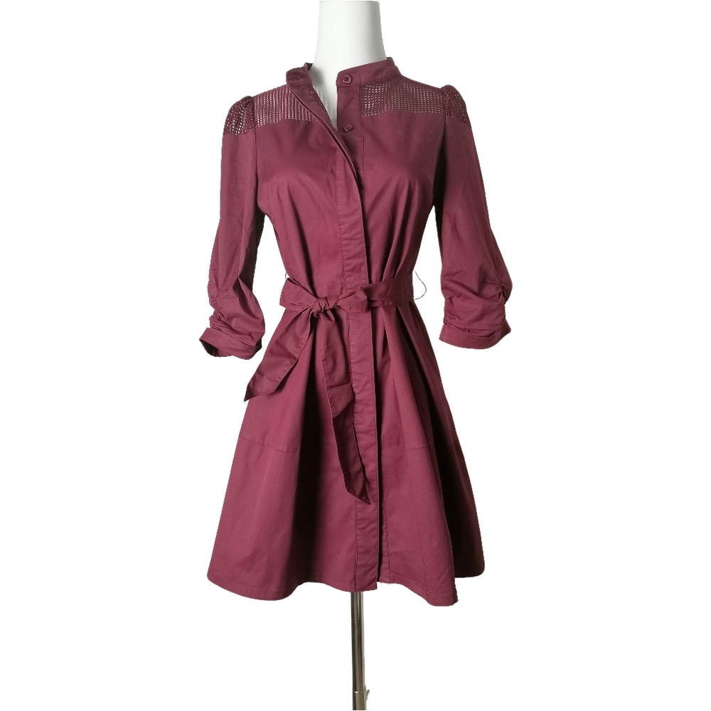 🌰 maroon small stand-up collar 7/10 length sleeves midi dress by MWQR